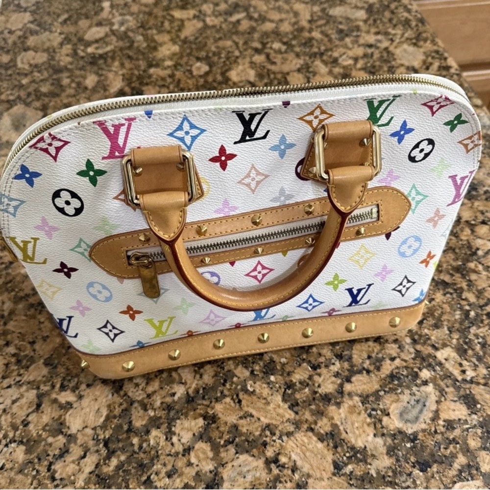 Louis Vuitton White Multicolor Alma Satchel with Tan Trim